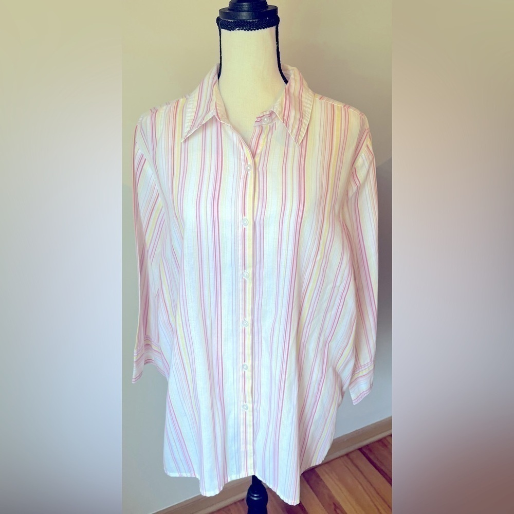 Vintage Chic Comfort Collection Striped 3/4 Length Sleeves Button Up Top Size L